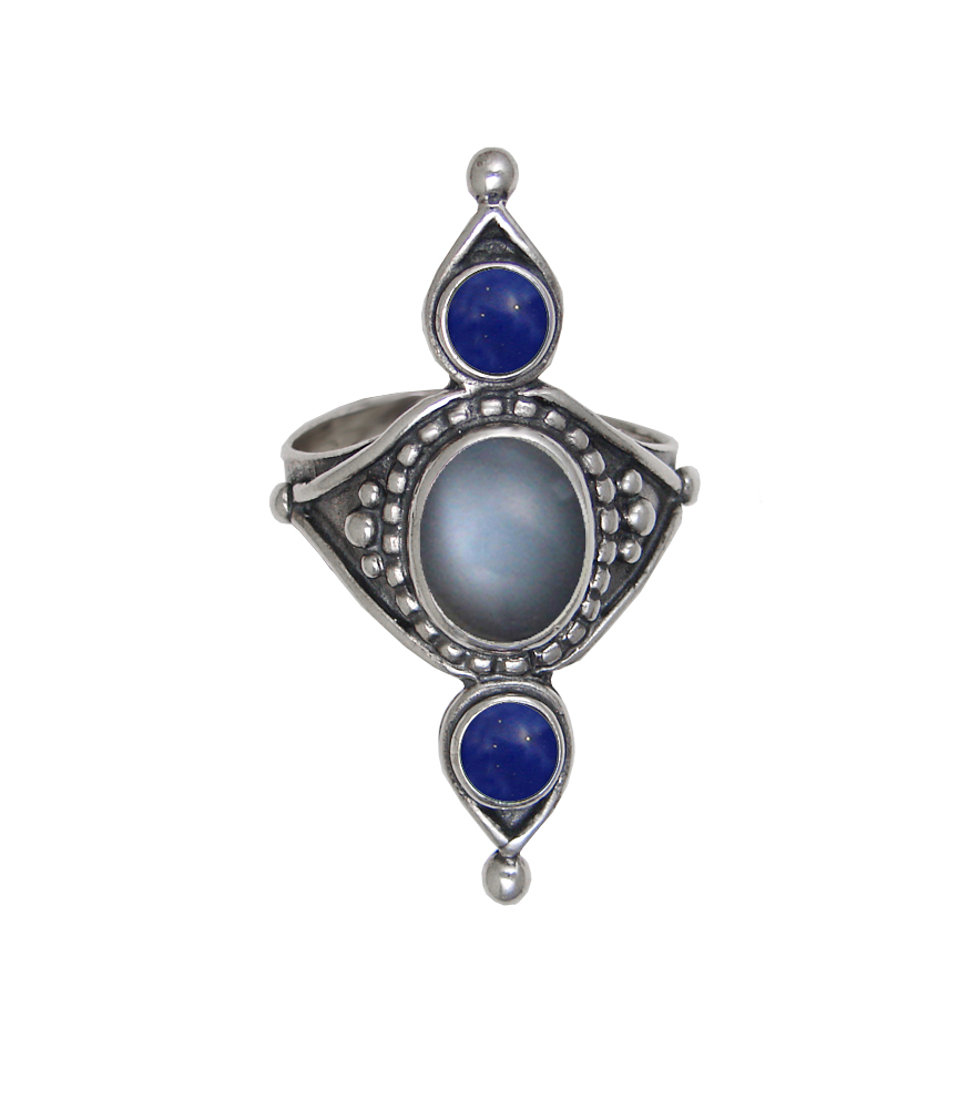 Sterling Silver Royal Ring With Grey Moonstone And Lapis Lazuli Size 6